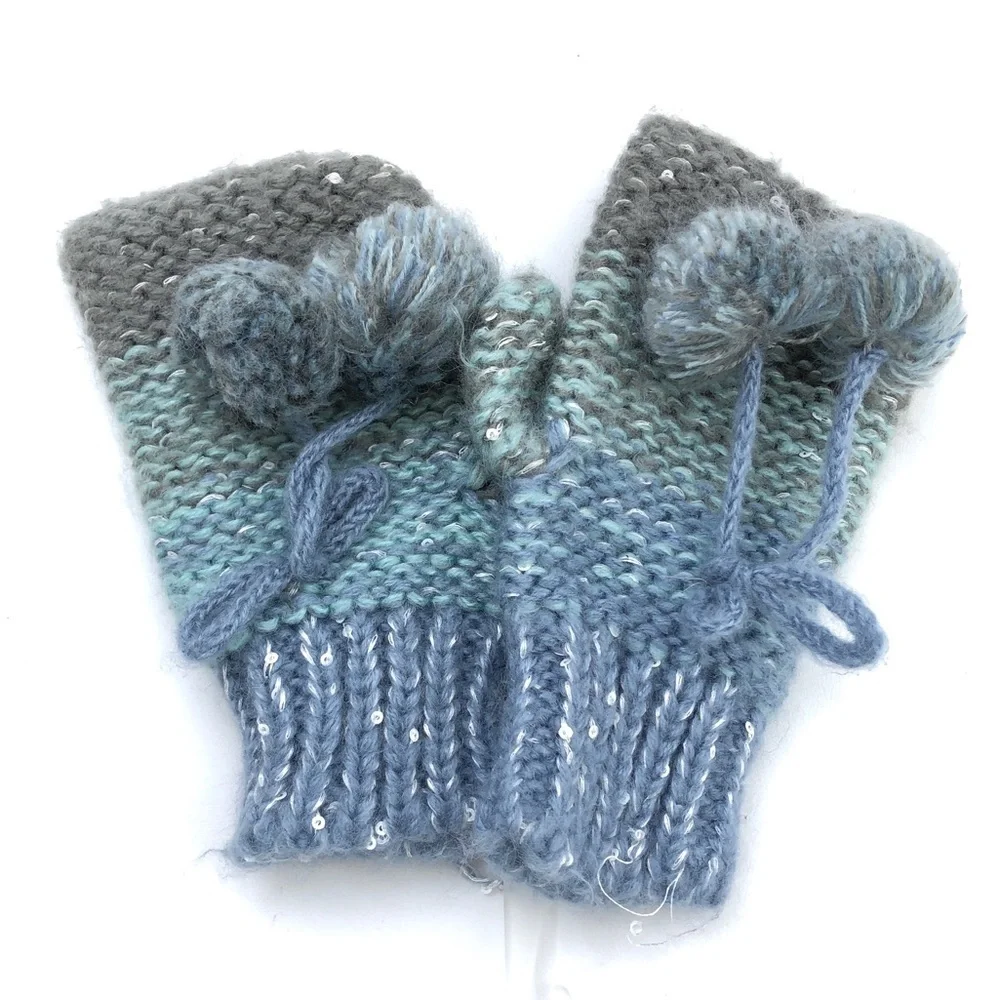Tucker & Tate Girls Blue Gray Knit Fingerless Pom Pom Mittens